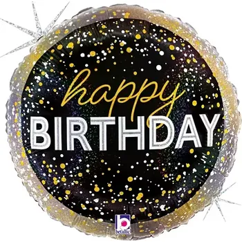 Balónek Foliový balonek černý Happy Birthday konfety 46 cm