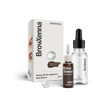 Barva na řasy a obočí Brow Xenna Henna Kit – Henna na obočí 10 ml + báze s kyselinou hyaluronovou 30 ml Barvy: Dust Brown č. 106 + Hyaluronic Base