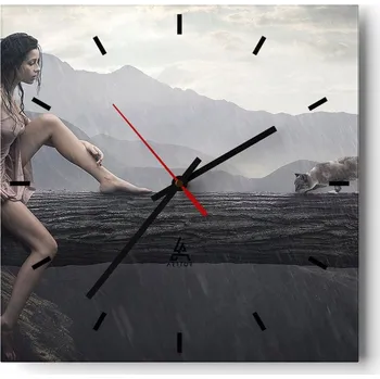 Hodiny Velké nástěnné hodiny na zeď 40x40 Žena Skleněné hodiny Čtvercové Tiché