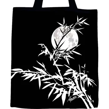 Plátěná nákupní taška černobílá, Bambus za úplňku