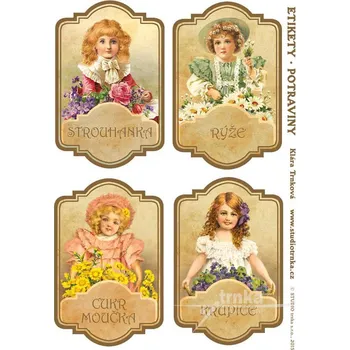 Speciální papír Samolepicí etikety na dózy s potravinami, holčičky, 3 archy