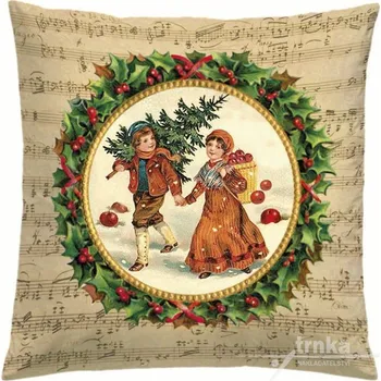 Povlak na dekorativní polštářek Vánoční povlak na polštář 40 x 40 cm - Dvě děti nesou stromek