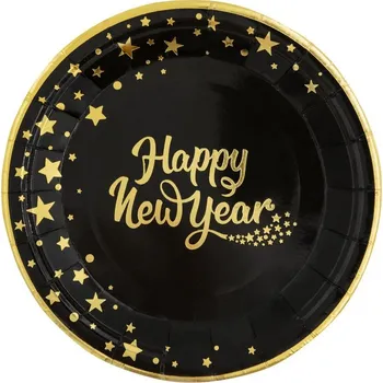 Talíř Party Pal Papírové talíře, Happy New Year, černé, zlaté, 18cm, 6ks