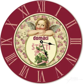 Hodiny Nástěnné dřevěné hodiny - Domácí štěstí v červeném