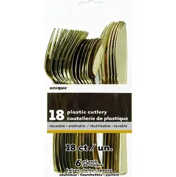 Příbor Plastové příbory metalické zlaté 18ks