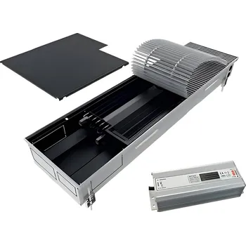 Radiátor Konvektor podlahový s ventilátorem a s instalovaným zdrojem napětí pro topení a chlazení Isan Termo FZD 135 x 325 x 1500 mm, 972 W, připojení vpravo, výměník ocelový, mřížka Natur příčná rolovací hliník