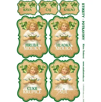 Samolepící etiketa Samolepicí etikety na dózy s potravinami, čtyřlístky, 2 archy