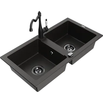 Granitový dřez Mexen Mario dvoukomorový granitový dřez s kuchyňskou baterií Carla, černo/zlatý metalik - 6504-75-670700-70-B Granitové dřezy s baterií