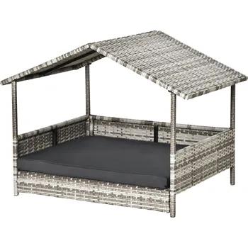 Pelíšek pro psa PawHut ratanová bouda pro psy s polštářem, pelíšek ve tvaru domečku, venkovní bouda pro psy, ocelový rám, plast, šedá barva, 69 x 98 x 70 cm