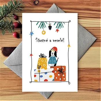 Přání Vánoční s obálkou 120x170 mm - pes s nadílkou