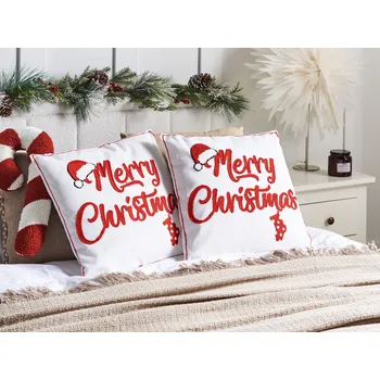 Dekorativní polštářek Sada 2 dekoračních polštářů červená a bílá bavlněná látka vánoční motiv 45 x 45 cm dekorace příslušenství Beliani