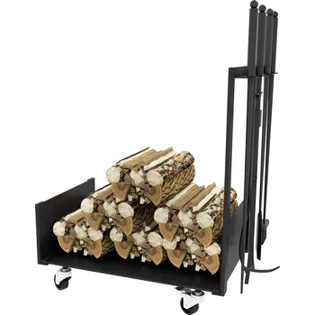 Stojan na palivové dřevo Outsunny 48 x 30 x 76 cm Stojan na palivové dřevo s kolečky, lopatou, smetákem, pohrabáčem, kleštěmi, bočními háčky, stojan na palivové dřevo pro venkovní použití, vnitřní použití, kov, černý | Aosom