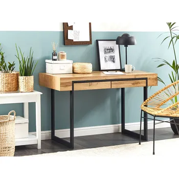 Psací stůl Psací stůl světlé dřevo a černá MDF 120 x 55 cm ocelový rám 2 úložné zásuvky domácí kancelář Beliani