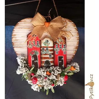 Vánoční dekorace Vánoční srdce svítící 35 x 40 cm - baterie jsou součástí (Závěsná dřevěná dekorace, vánoční domečky na srdci.)