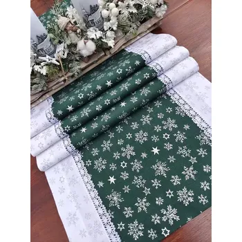 Vánoční dekorace Běhoun vánoční - stříbrné vločky na zelené lemované stříbrnými vločkami na bílé