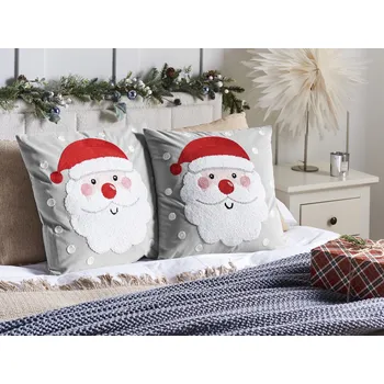 Dekorativní polštářek Sada 2 dekoračních polštářů šedá sametová látka s vánočním motivem Santa Claus 45 x 45 cm dekorace doplněk Beliani