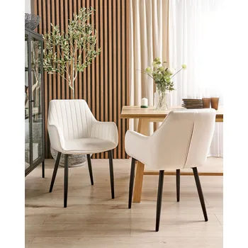 Sada 2 jídelních židlí krémově bílé sametové područky černé kovové nohy retro glamour Beliani