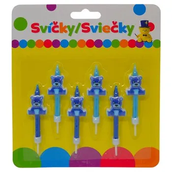 Svíčka Narozeninová svíčka s modrým MEDVÍDKEM a držákem 6ks