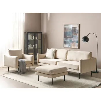 Pohovka Sedací souprava světle béžová sametová čalouněná pohovka s křeslem a taburetem moderní retro styl černé nohy obývací pokoj Beliani