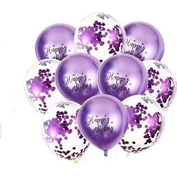 Balónek Balónky 10 ks mix - fialové konfety a metalické Happy Birthday