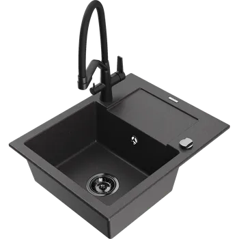 Granitový dřez Mexen Enzo granitový dřez 1-komorový s odkapávačem a kuchyňskou baterií Duo, černý tečkovaný - 6506-76-671701-70-B Granitové dřezy s baterií