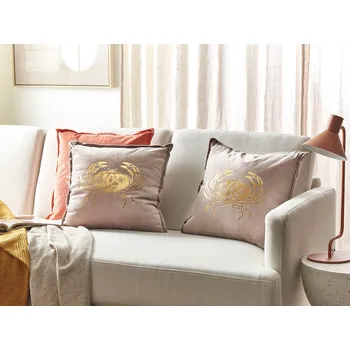 Bytový textil Sada 2 dekorativních polštářů taupe samet 45 x 45 cm mořský motiv krabí vzor čtvercový polyesterová výplň příslušenství Beliani