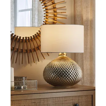 Lampička Stolní lampa zlaté sklo 55 cm látkové stínítko bílý vázový tvar dlouhý kabel s vypínačem Okouzlující styl Beliani