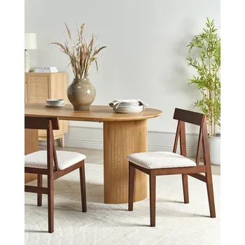 Jídelní židle Sada 2 jídelních židlí tmavé kaučukové dřevo béžový buklé sedák polyesterová látka bez područek retro styl Beliani