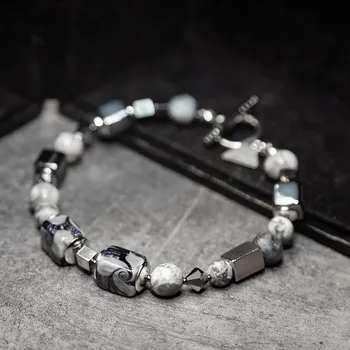 Náramek Lampglas Pánský náramek Grey Matter s unikátními perlami Lampglas, jaspisem a chirurgickou ocelí délka: L2-24cm