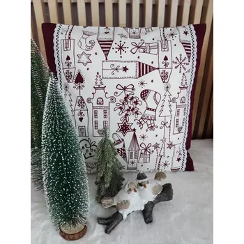 Vánoční dekorace Vánoční povlak na polštář 40x40 - vánoční vesnička vínová v kombinaci s vínovou