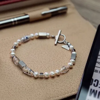 Náramek Lampglas Pánský náramek Silver Fox s unikátními perlami Lampglas s ryzím stříbrem, říčními perlami a chirurgickou ocelí délka: L3-24,5cm