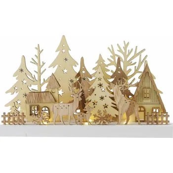Vánoční dekorace Dřevěná vánoční dekorace s lesní krajinou, 10 LED, 3D efekt