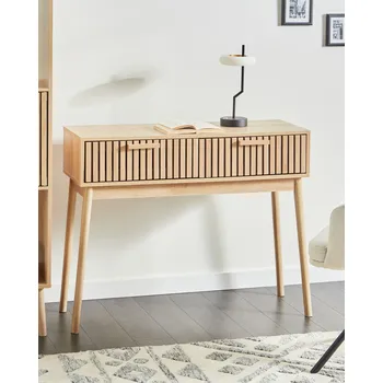 Konferenční stolek Konzolový stůl světlé dřevo masivní dřevěné nohy MDF 2 zásuvky obývací pokoj ložnice předsíň Beliani