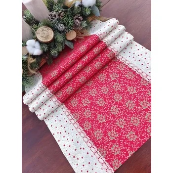 ubrus Běhoun vánoční - zlaté vánoční hvězdy na červené v kombinaci s červenými hvězdičkami