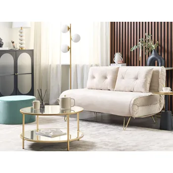 Pohovka Rozkládací pohovka béžová sametová 2-místná vhodná na spaní s polštáři zlaté nohy glamour styl Beliani