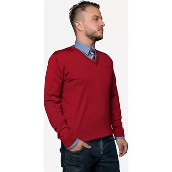 Pánský svetr Pánský vlněný svetr Merino s výstřihem hlubokým Vínová M