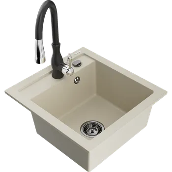 Granitový dřez Mexen Vito kuchyňský dřez z litého kamene 1-komorový s kuchyňskou baterií Savita, béžový - 6503-69-672601-70 Granitové dřezy s baterií