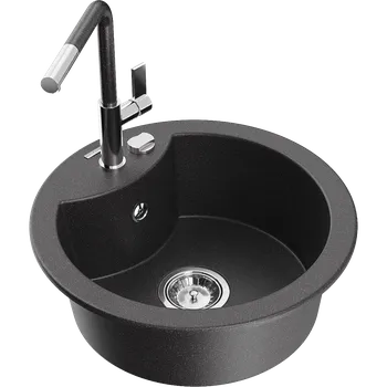 Granitový dřez Mexen Diego žulový dřez s jednou komorou s kuchyňskou baterií Flora, černý skvrnitý - 6512-76-670401-08 Granitové dřezy s baterií