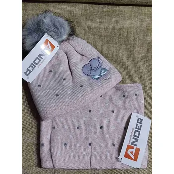 Čepice Dívčí zimní sada čepice s bambulí a nákrčník růžová