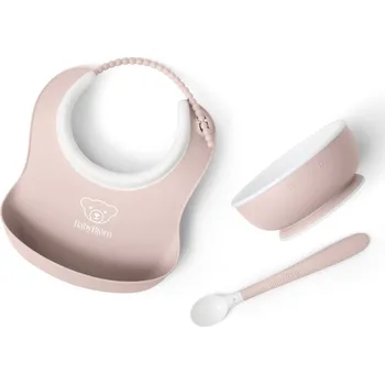 dětská jídelní sada BabyBjörn Set na krmení 3 dílný, malý bryndák, miska a lžička, pudrově růžový