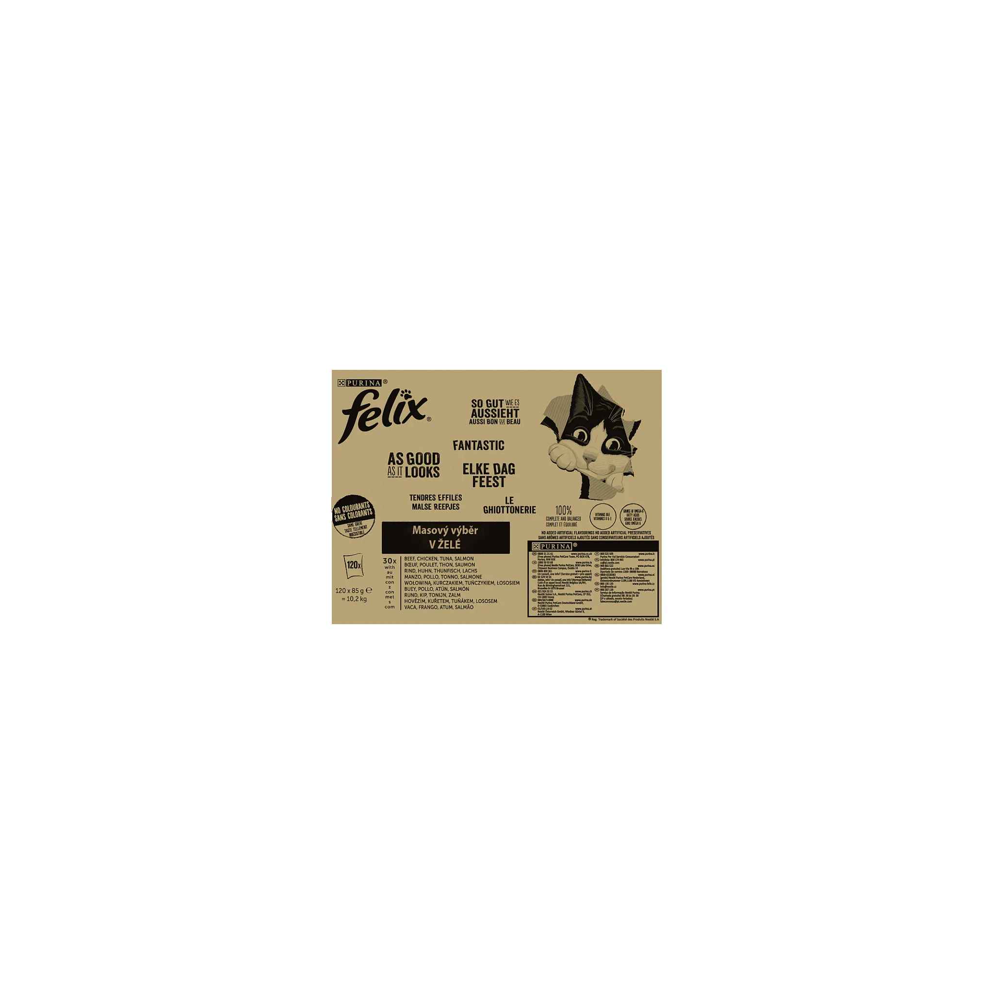 Fotografie 4 - Krmivo pro kočku Purina Felix Fantastic Adult kapsička hovězí/kuřecí/tuňák/losos 120x 85 g