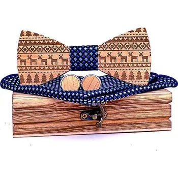 Motýlek Mahoosive Dřevěný motýlek s kapesníčkem a manžetovými knoflíčky T230