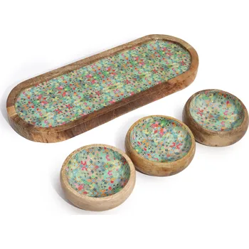 AWM Podnos z Mangového Dřeva se 3 Miskami - Vzor Středomořské Dlaždice 1ks