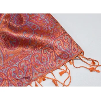 Šála Hedvábná šála Jamawar malá - oranžová a růžová s ornamenty