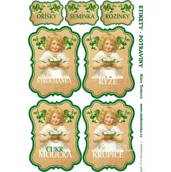 Speciální papír Samolepicí etikety na dózy s potravinami, čtyřlístky, 3 archy