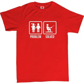 Žertovný předmět PROBLEM SOLVED - rybaření - pánské tričko s potiskem L červená - red Bílá - 401