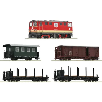 Modelářství H0e - set úzkorozchodné dieselové lokomotivy 2095 ÖBB, osobní a nákladní vozy, bez kolejí / ROCO 5540001