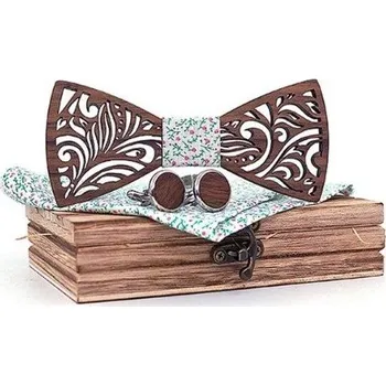 Motýlek Mahoosive Dřevěný motýlek s kapesníčkem a manžetovými knoflíčky T205