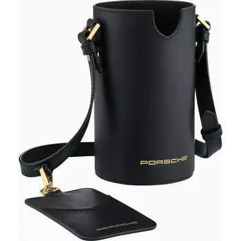 PORSCHE Cup holder shoulder bag Taška přes rameno kožená na termosku černá se zlatými prvky (Elegantní taška přes rameno na cestovní termohrnek Porsche s přídavným držákem na karty.)