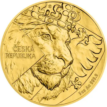Sběratelství Zlatá pětiuncová investiční mince Český lev 2024 vysoký reliéf stand